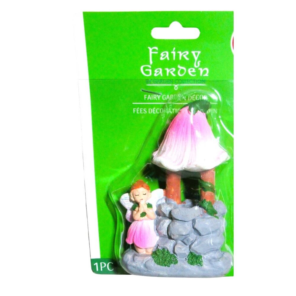 Fairy Garden Wishing Well Miniature Figurine Pink Mushroom Roof + Fairy 4-inches